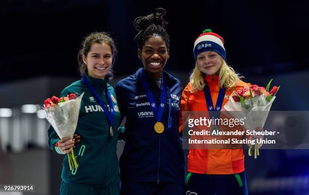 Medal ceremony with second place winning silver Petra Jaszapati of Hungary, first place winning gold Maame Biney of USA and third place winning...