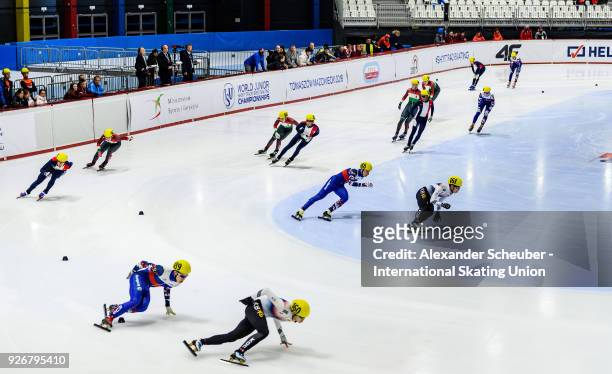 Athletes compete in the Mens Relay 3000m Semi-Final during the World Junior Short Track Speed Skating Championships Day 1 at Arena Lodowa on March 3,...