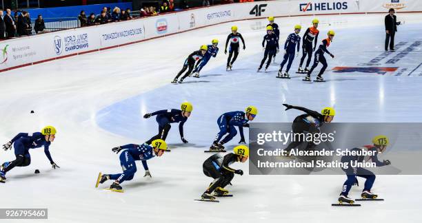 Athletes compete in the Mens Relay 3000m Semi-Final during the World Junior Short Track Speed Skating Championships Day 1 at Arena Lodowa on March 3,...