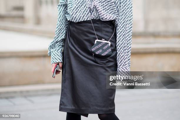 Olga Karput poses wearing Vetements after the Haider Ackermann show at the Palais de Chaillot during Paris Fashion week Womenswear FW 18/19 on March...