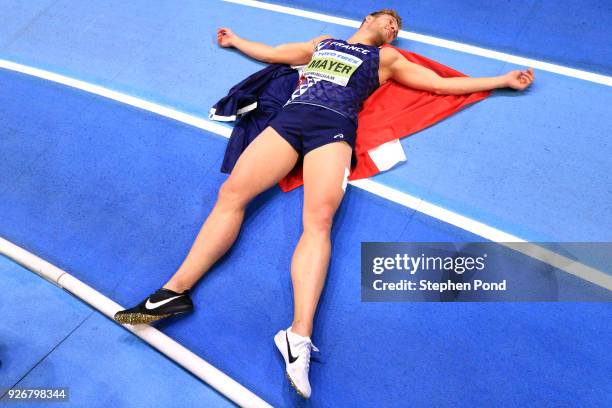 Gold Medallist, Kevin Mayer of France celebrates after winning the Heptathlon Mens during the IAAF World Indoor Championships on Day Three at Arena...