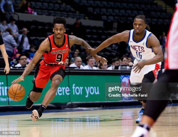 Antonio Blakeney of the Windy City Bulls handles the ball against Long Island Nets during an NBA G-League game on March 2, 2018 at NYCB Live home of...