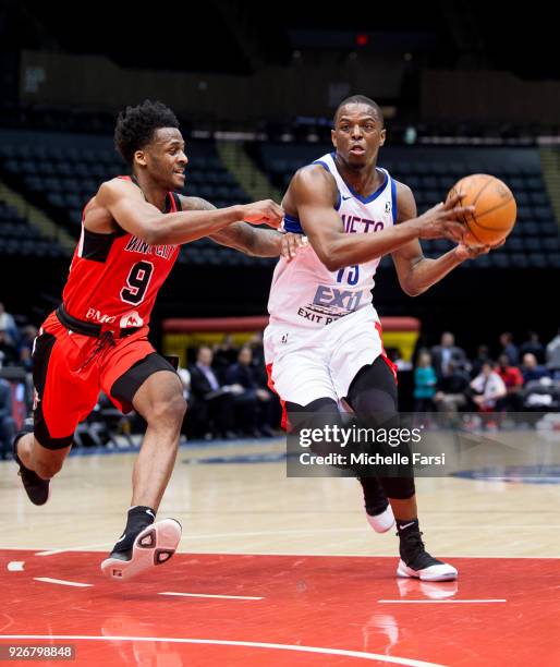 Isaiah Whitehead of the Long Island Nets handles the ball against the Windy City Bulls during an NBA G-League game on March 2, 2018 at NYCB Live home...