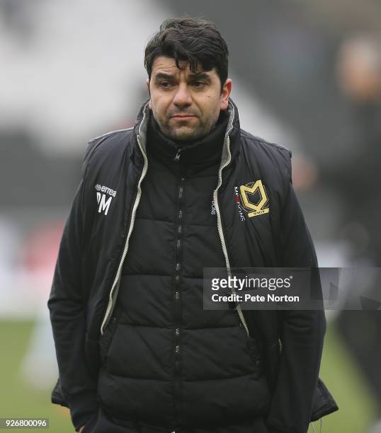 Milton Keynes Dons manager Dan Micciche looks on prior to the Sky Bet League One match between Milton Keynes Dons and Bristol Rovers at StadiumMK on...