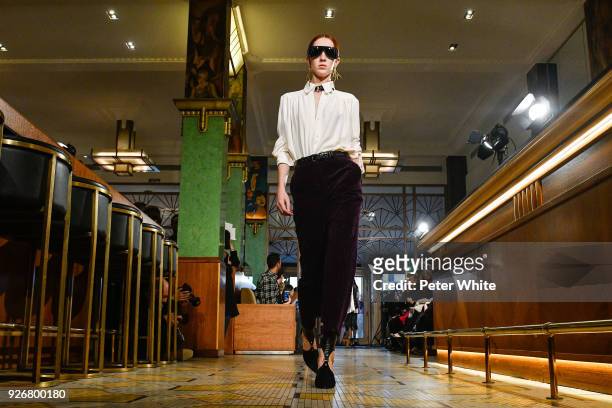 Teddy Quinlivan walks the runway during the Altuzarra show as part of the Paris Fashion Week Womenswear Fall/Winter 2018/2019 on March 3, 2018 in...