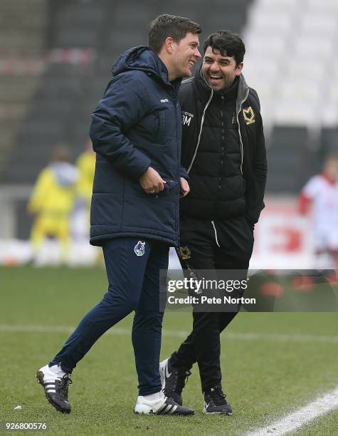 Milton Keynes Dons manager Dan Micciche with his counterpart Darrell Clarke of Bristol Rovers prior to the Sky Bet League One match between Milton...