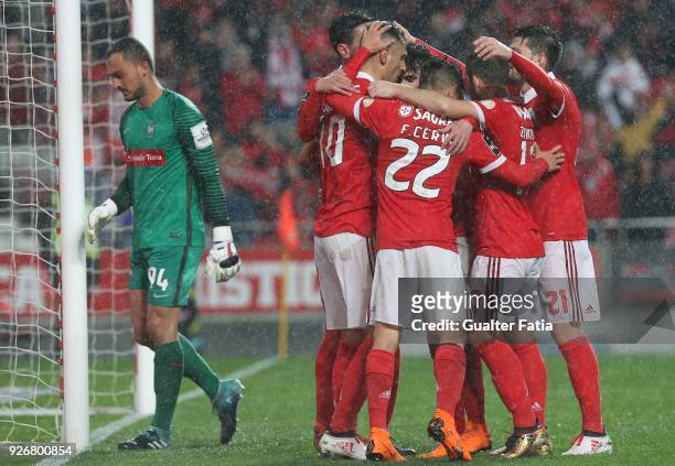 Benfica forward Jonas from Brazil celebrates with teammates after scoring a goal during the Primeira Liga match between SL Benfica and CS Maritimo at...