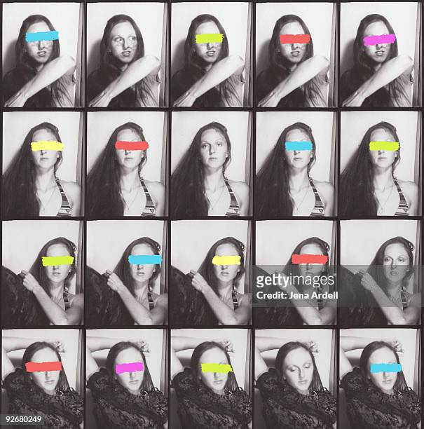 photobooth strips collage of woman dressing - multiple images of the same woman stock pictures, royalty-free photos & images