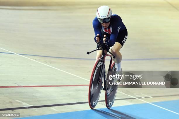 Kelly Catlin competes in the women's individual pursuit bronze medal race during the UCI Track Cycling World Championships in Apeldoorn on March 3,...