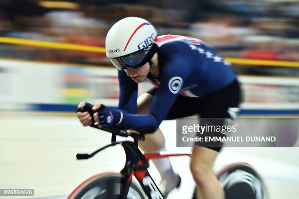 Kelly Catlin competes in the women's individual pursuit bronze medal race during the UCI Track Cycling World Championships in Apeldoorn on March 3,...