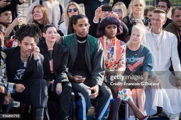 Adesuwa Aighewi, Selah Marley, Luka Sabbat, Rose McGowan, guest, Justin Skye, Yolandi Visser and Ninja attend the Vivienne Westwood show as part of...