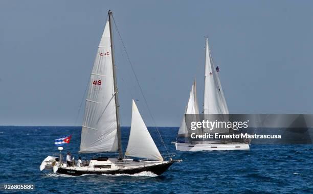 The Cuban sailboat Mícara takes part in the exhibition in front of the Morro Castle after the arrival of the historic Saint Petersburg-Havana Regatta...