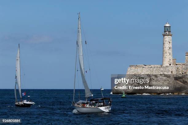 The Cuban sailboat Mícara takes part in the exhibition in front of the Morro Castle after the arrival of the historic Saint Petersburg-Havana Regatta...