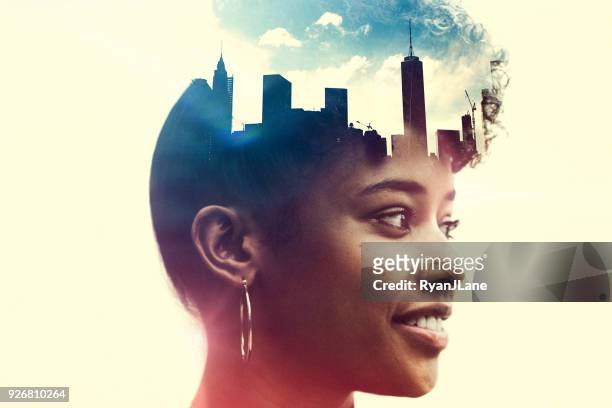 new york city geisteszustand konzept bild - double exposure face stock-fotos und bilder