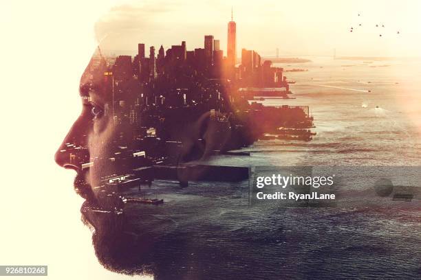 new york city geisteszustand konzept bild - double exposure portrait city stock-fotos und bilder
