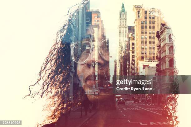 new york city geisteszustand konzept bild - double exposure technology stock-fotos und bilder