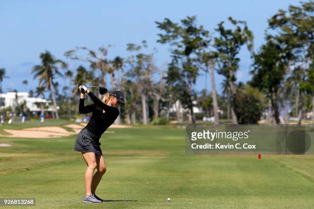 Golfer Amanda Blumenherst plays a tee shot on the 16th hole during the second day of the Puerto Rico Open Charity Pro-Am at TPC Dorado Beach on March...