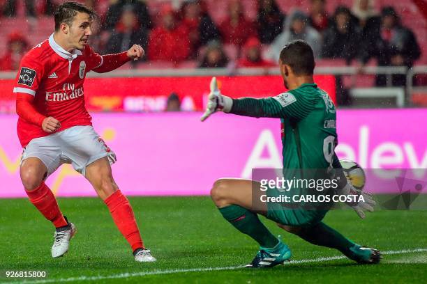 Benfica's Spanish midfielder Alex Grimaldo shoots in front of Maritimo's Brazilian goalkeeper Charles to score a goal during the Portuguese league...