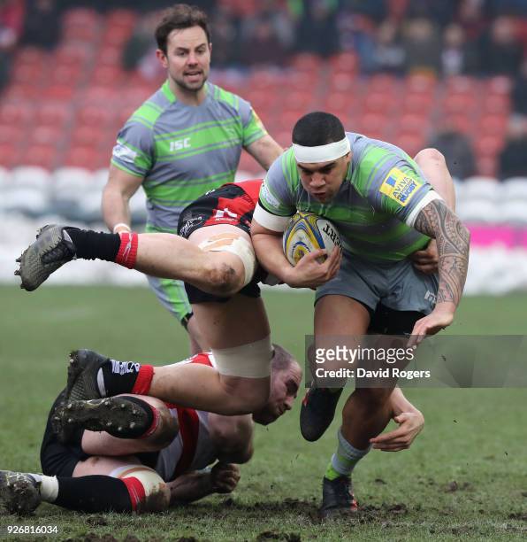 Josh Matavesi of Newcastle charges upfield during the Aviva Premiership match between Gloucester Rugby and Newcastle Falcons at Kingsholm Stadium on...