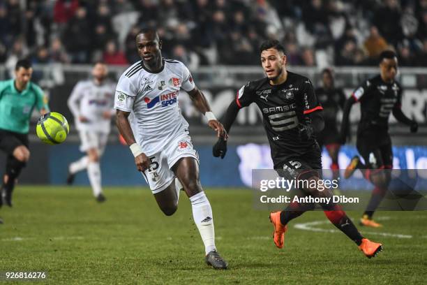 Moussa Konate of Amiens and Rami Bensebaini of Rennes during the Ligue 1 match between Amiens SC and Stade Rennais at Stade de la Licorne on March 3,...