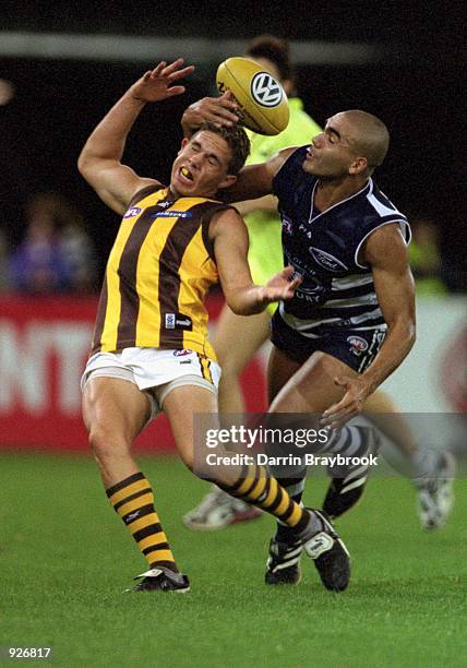 Chance Bateman for Hawthorn and Justin Murphy for Geelong in action during round 11 of the AFL season match played between the Geelong Cats and the...