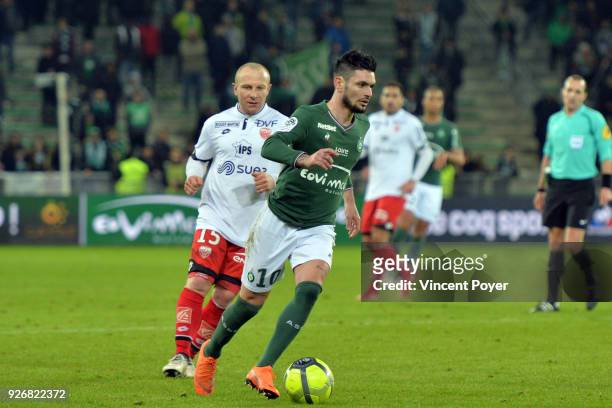 Remy CABELLA of ASSE and Florent BALMONT OF DFCO during the Ligue 1 match between AS Saint-Etienne and Dijon FCO at Stade Geoffroy-Guichard on March...