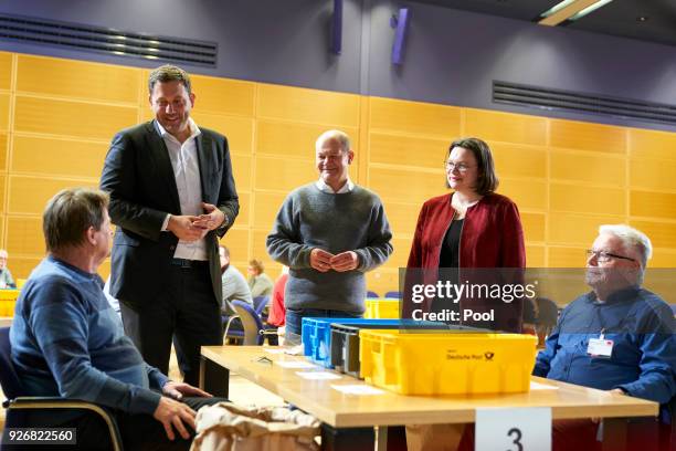 Secretary General of the Social Democratic Party Lars Klingbeil, Mayor of Hamburg Olaf Scholz and Bundestag faction leader of the German Social...