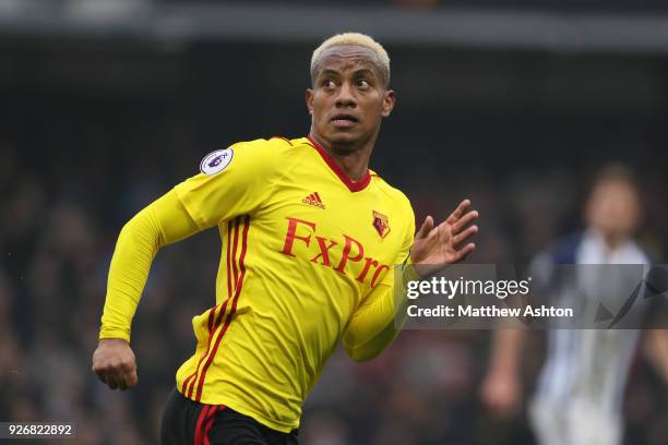 Andre Carrillo of Watford during the Premier League match between Watford and West Bromwich Albion at Vicarage Road on March 3, 2018 in Watford,...