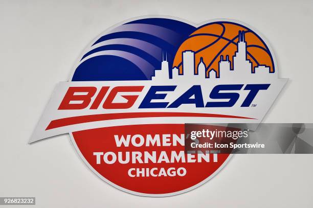 The Big East Women's Tournament Chicago logo is seen before the game between the Providence Lady Friars and the Butler Bulldogs on March 3, 2018 at...