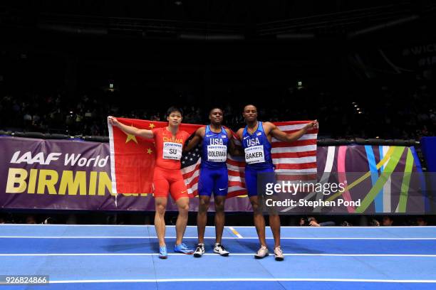 Gold Medallist, Christian Coleman of United States Silver Medallist, Bingtian Su of China and Silver Medallist, Ronnie Baker of United States...