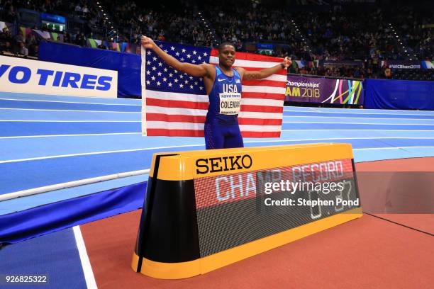 Gold Medallist, Christian Coleman of United States celebrates winning the 60 Meters Mens Final during the IAAF World Indoor Championships on Day...