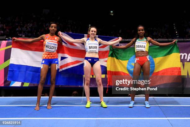 Gold Medallist, Genzebe Dibaba of Ethopia, Silver Medallist, Sifan Hassan of Netherlands and Bronze Medallist, Laura Muir of Great Britain celebrate...