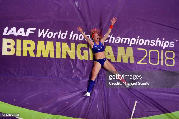 Sandi Morris of United States celebrates in the Pole Vault Womens Final during the IAAF World Indoor Championships on Day Three at Arena Birmingham...