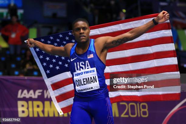 Gold Medallist, Christian Coleman of United States celebrates winning the 60 Meters Mens Final during the IAAF World Indoor Championships on Day...