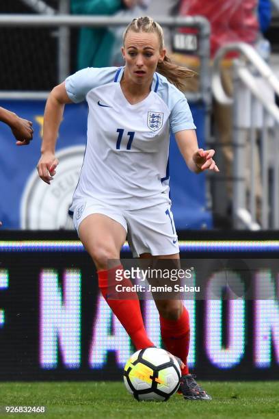 Toni Duggan of England controls the ball against France on March 1, 2018 at MAPFRE Stadium in Columbus, Ohio. England defeated France 4-1.