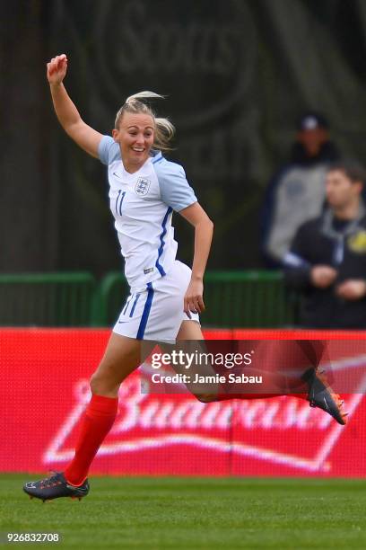 Toni Duggan of England celebrates after scoring against France on March 1, 2018 at MAPFRE Stadium in Columbus, Ohio. England defeated France 4-1.