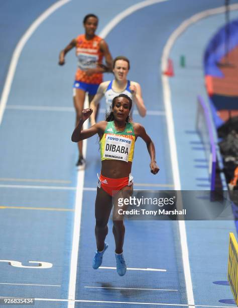 Genzebe Dibaba of Ethiopia wins the Women's 1500m Final during Day Three of the IAAF World Indoor Championships at Arena Birmingham on March 3, 2018...