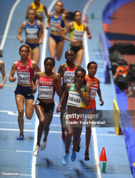 Genzebe Dibaba of Ethiopia leads the field in the Women's 1500m Final during Day Three of the IAAF World Indoor Championships at Arena Birmingham on...