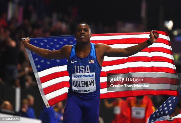 Christian Coleman of the United States celebrates winning the Men's 60m Final during Day Three of the IAAF World Indoor Championships at Arena...