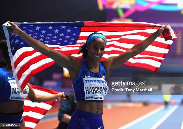 Kendra Harrison of the United States celebrates winning the Women's 60m Hurdles Final during Day Three of the IAAF World Indoor Championships at...