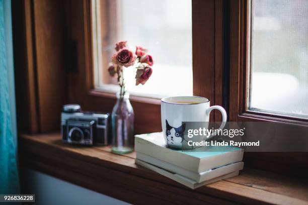 a cup of tea on books with dried roses on a window sill - windowsill copy space stock pictures, royalty-free photos & images