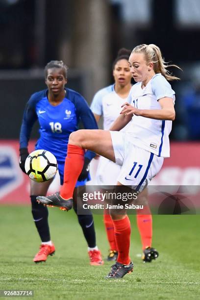 Toni Duggan of England controls the ball against France on March 1, 2018 at MAPFRE Stadium in Columbus, Ohio. England defeated France 4-1.