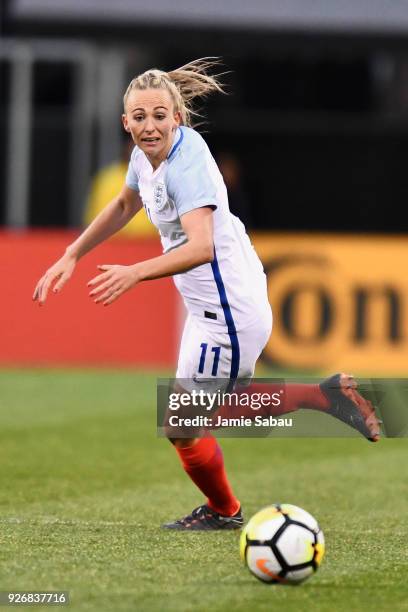 Toni Duggan of England controls the ball against France on March 1, 2018 at MAPFRE Stadium in Columbus, Ohio. England defeated France 4-1.