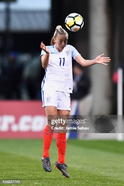 Toni Duggan of England controls the ball against France on March 1, 2018 at MAPFRE Stadium in Columbus, Ohio. England defeated France 4-1.