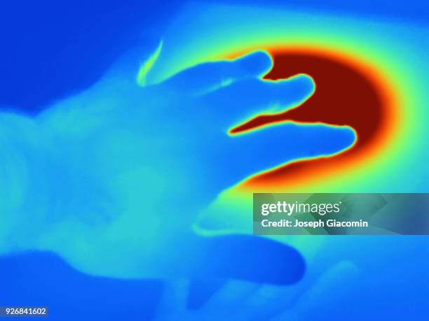 hand near heat source - thermal imaging imagens e fotografias de stock