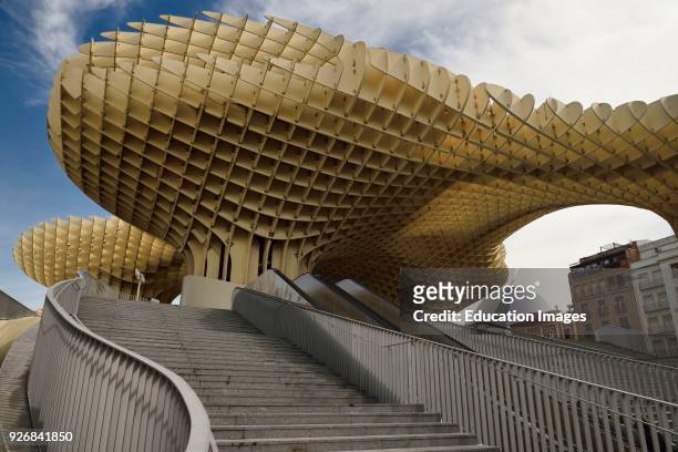 Stairway leading up to Metropol Parasol in the Plaza of the Incarnation Seville Spain.