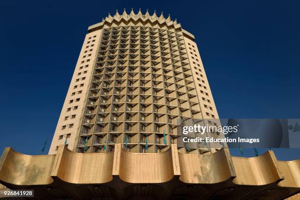 Gold Hotel Kazakhstan symbol of Almaty historical building with blue sky.