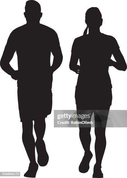 man and woman running together silhouette - happy couple plain background stock illustrations
