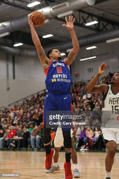 McDaniels of the Grand Rapids Drive shoots the ball against the Wisconsin Herd on February 9, 2018 at the Menominee Nation Arena in Oshkosh,...