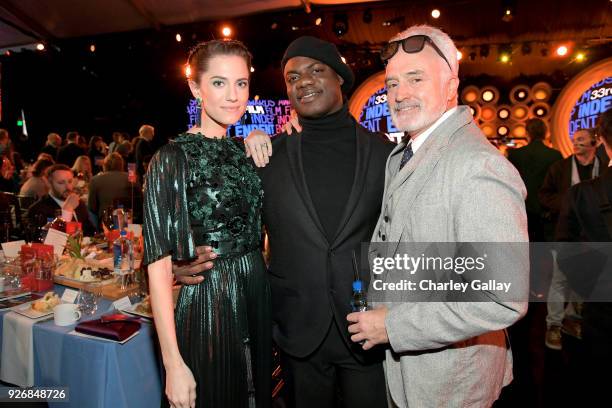 Actors Allison Williams, Daniel Kaluuya and Bradley Whitford with Lindt Chocolate during the 2018 Film Independent Spirit Awards on March 3, 2018 in...